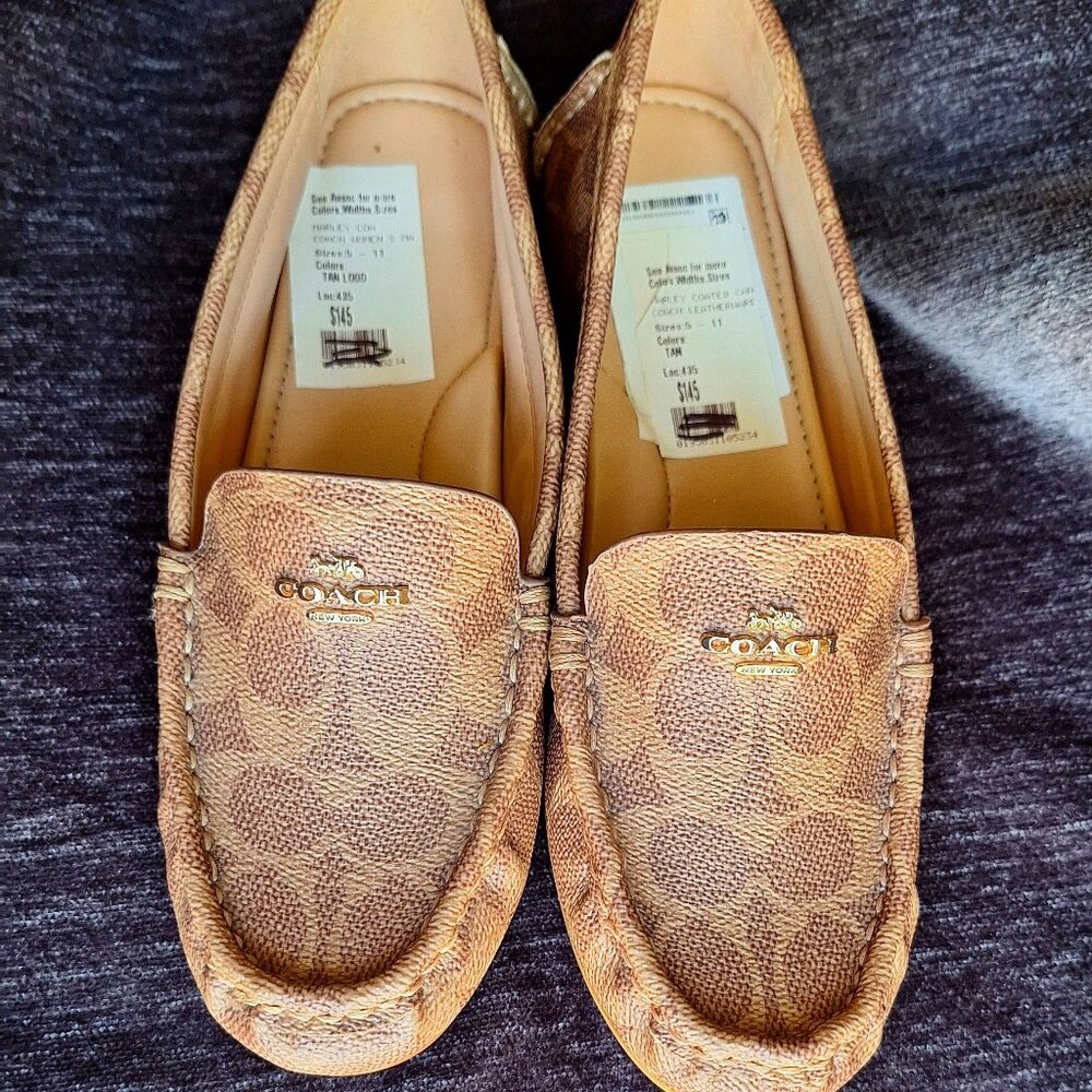 New Woman's Coach Leather Marley Coated Canvas Loafer Shoes Tan Size 6